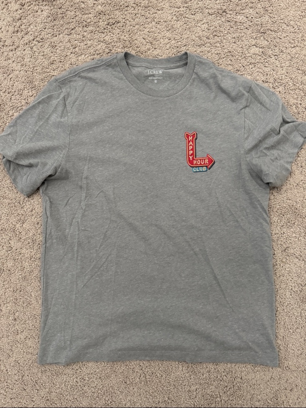 J. Crew Factory Gray Short Sleeve Tee with Red 'Happy Hour' Patch